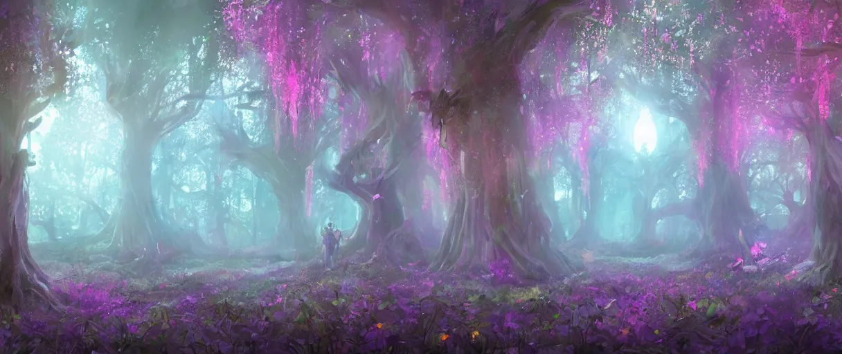 Prompt: a digital painting of a magical fantasy forest, large magical trees, magical flowers, hanging lanterns, volumetric lighting, mystical, evening, concept art, trending on artstation, matte painting, high detail, high quality, pink/purple colour scheme