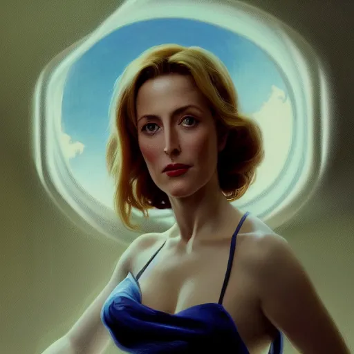 Image similar to Gillian Anderson of NGE dark fantasy, medium shot, intricate, elegant, highly detailed, digital painting, volumetric light, artstation, concept art, smooth, sharp focus, illustration, art by Gil Elvgren and Greg Rutkowski and Alphonse Mucha, 8K