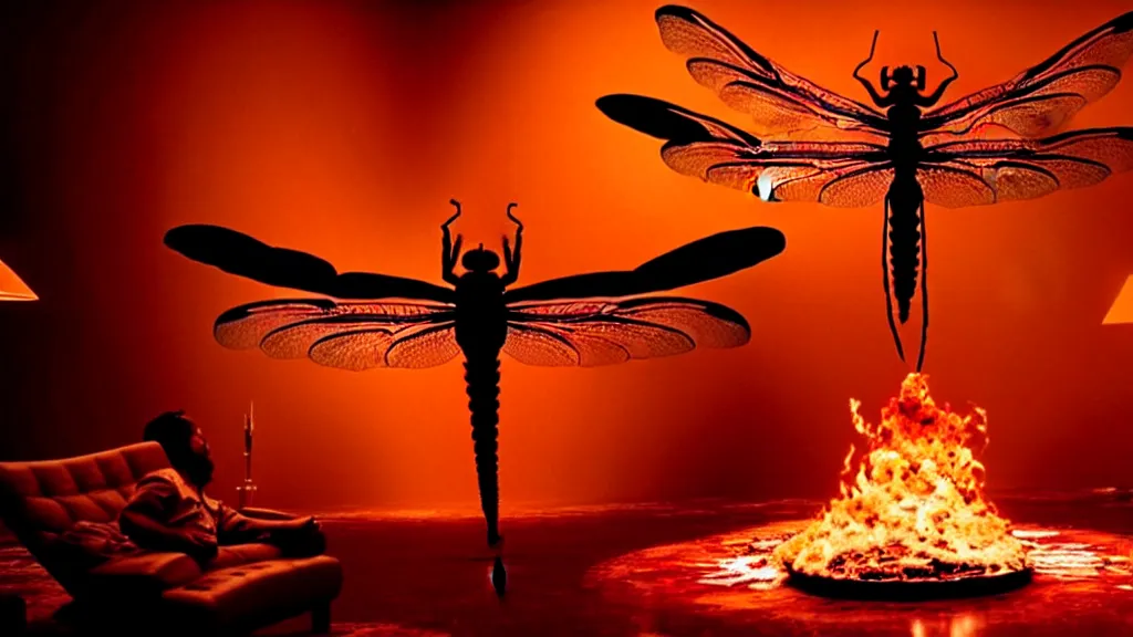 Image similar to a giant dragonfly, made of blood and fire, floats through the living room, film still from the movie directed by Denis Villeneuve with art direction by Salvador Dalí, wide lens