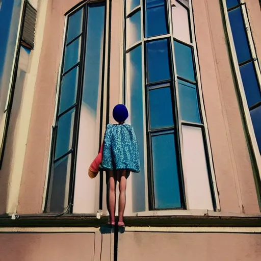 Image similar to giant flower head, girl standing by 1 9 6 0 window, surreal photography, symmetry, mid century, flat perspective, bright colours, blue sky, realistic, wes anderson