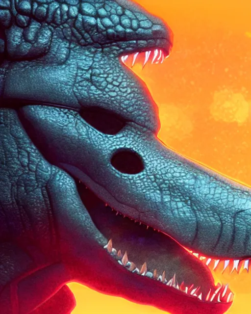 Prompt: still of a photorealistic concept art of a close up of a real T-Rex wearing sunglasses, black background, in the movie Blade Runner 2049, HD, neon lit, highly detailed, no text