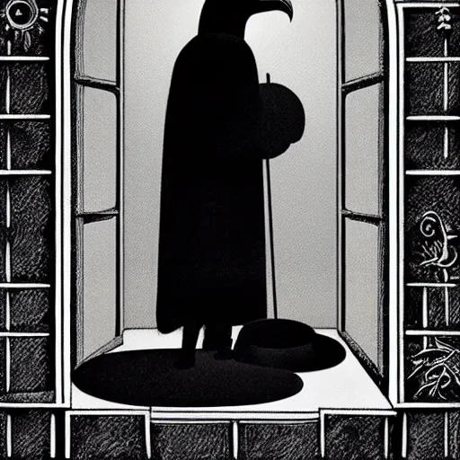 Image similar to portrait of a raven in a vantablack cloak and holding a symbolic weapon. portrait hung up in a windows 9 8 castle. r / oldschoolfantasy