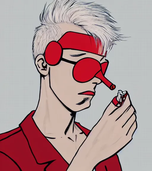 Image similar to young man in red jacket and white shirt, white hair, round goggles, smoking cigarette, character portrait, sharp focus, illustration, high detailed, sad