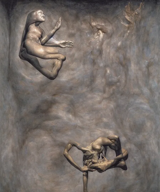 Prompt: The room without doors and windows with beautiful full-body wax sculpture of the glowing woman with visible golden bones inside her in the singularity where stars becoming baroque folds of dark matter by Michelangelo da Caravaggio, Nicola Samori, William Blake, Alex Grey and Beksinski, dramatic volumetric lighting, detailed oil painting, 8k, masterpiece