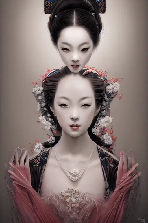 Image similar to hyperrealistic photography of a highly detailed and symmetrical gorgeous geisha female ballerina in the style of vargas and wlop, highly detailed, face symmetry, masterpiece, award - winning, sharp focus, intricate concept art, ambient lighting, 8 k, artstation