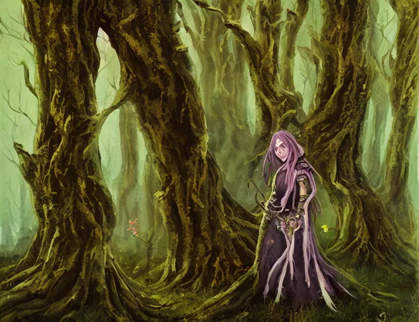 Prompt: priestess of akward in the lichen woods. gouache painting by indie concept artist, chiaroscuro, bokeh, backlighting, field of depth