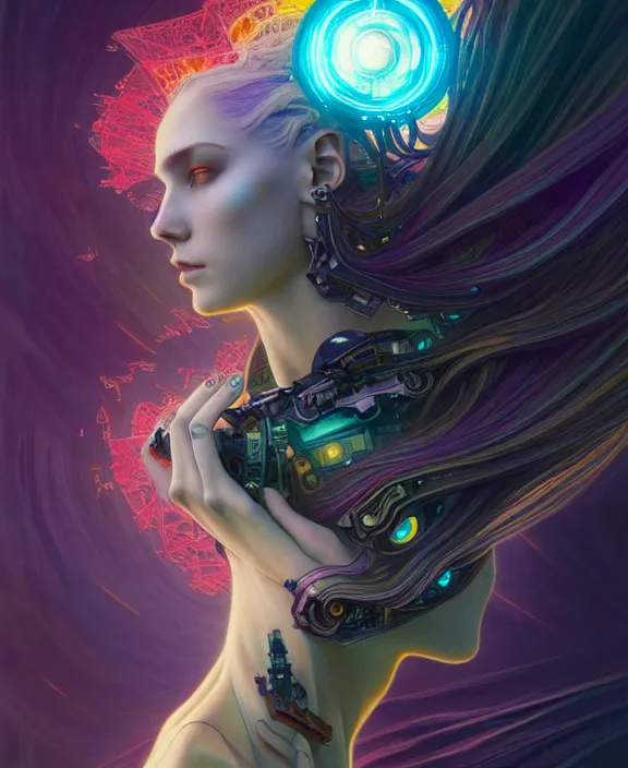 Image similar to a whirlwind of souls rushing inside the metaverse, half body, jewelry, hologram, dreads, android, cyborg, cyberpunk face, by loish, d & d, fantasy, intricate, elegant, highly detailed, colorful, vivid color, digital painting, artstation, concept art, art by artgerm and greg rutkowski and alphonse mucha