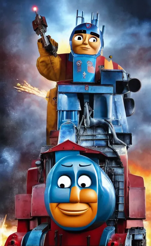 Image similar to thomas the tank engine vs. optimus prime : big revenge : coming soon to theaters, epic cinematic poster, post - apocalypse, demolition, realistic, photo, photorealistic, detailed, high quality, high resolution, 8 k, hdr, 4 k