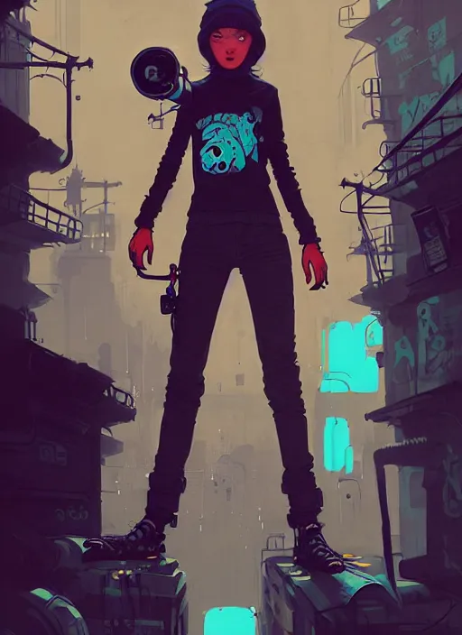 Image similar to highly detailed portrait of a sewer punk young lady by atey ghailan, james gilleard, by joe fenton, by greg rutkowski, by greg tocchini, by kaethe butcher, 4 k resolution, gradient yellow, black, brown and cyan color scheme, grunge aesthetic!!! ( ( dystopian graffiti tag wall in background ) )