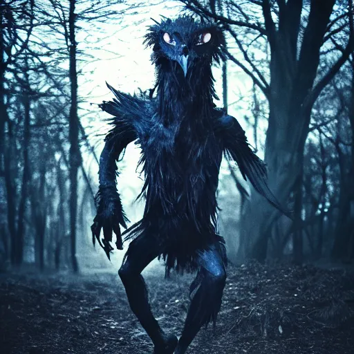 Image similar to werecreature consisting of a crow and a human, featured on artstation, photograph captured in a dark forest