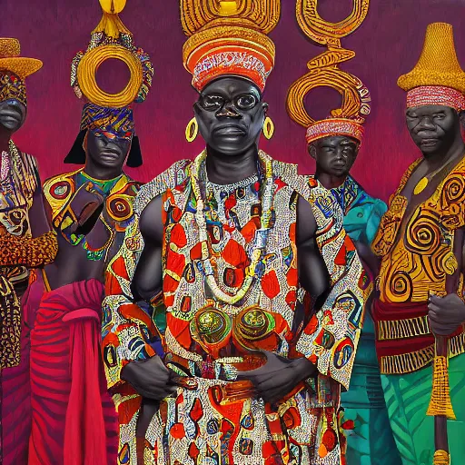 Image similar to highly detailed painting of the oba of benin surrounded by masquerades, fantasy, 8 k, realistic, symmetrical, digital illustration, in the style of kehinde wiley, artem demura