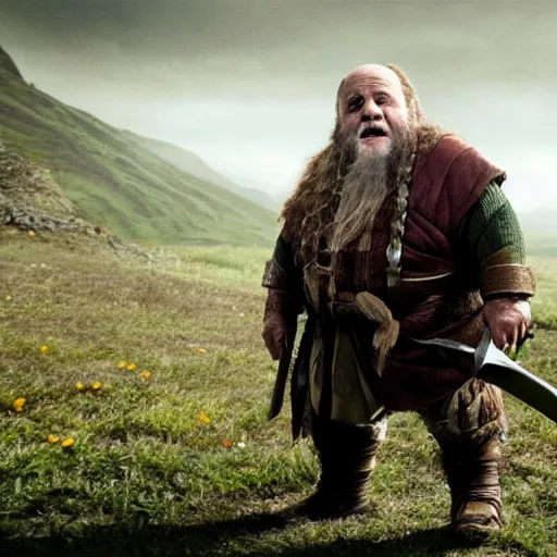 Image similar to movie still of danny devito starring as gimli in the 2 0 2 6 lord of the rings movie, full body