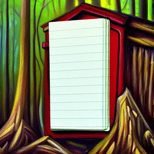 Image similar to a painting of a notepad that is also a door to a cottage in the woods, trending on artstation, detailed digital art, aesthetic!!!!,