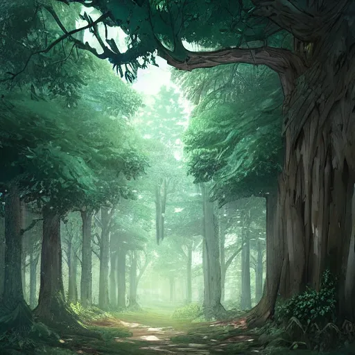 Image similar to concept art painting of trees with doors and windows, walkways between trees, in a deep forest, realistic, detailed, cel shaded, in the style of makoto shinkai and greg rutkowski and james gurney