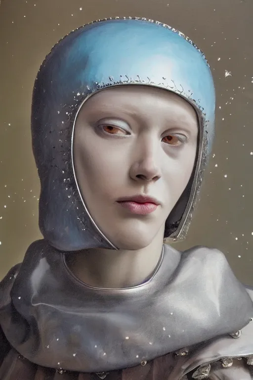 Image similar to hyperrealism oil painting, close - up portrait of albino medieval fashion model, knight, steel gradient mixed with nebula sky, in style of baroque