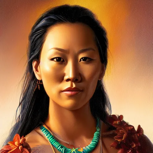 Prompt: portrait of a hawaiian woman ( 3 5 ) from hawaii in 2 0 2 1, an oil painting by ross tran and thomas kincade