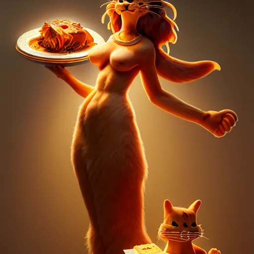 Prompt: fullbody!! personification of garfield the cat as a goddess holding lasagna, stunning, hyperrealistic, trending on artstation, smooth and sharp, intricate, fine details, elegant, religious, dynamic pose, radiant light, detailed and intricate environment, professional character concept art by tatyana kupriyanova and greg rutkowski and raymond swanland