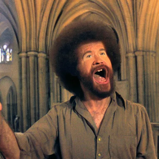 Image similar to bob ross screaming in a cathedral