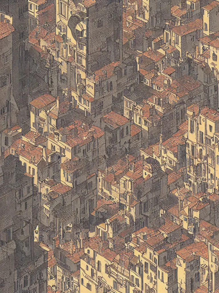 Image similar to isometric view illustration of a medieval Marseille street corner, highly detailed, mid day by Victo Ngai and Bruce pennington