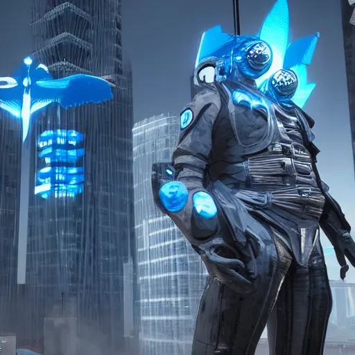 Image similar to during doomsday man with blue energy wings flying in cyberpunk city, high detail, realistic, symmetrical face, art by unreal engine 5 art