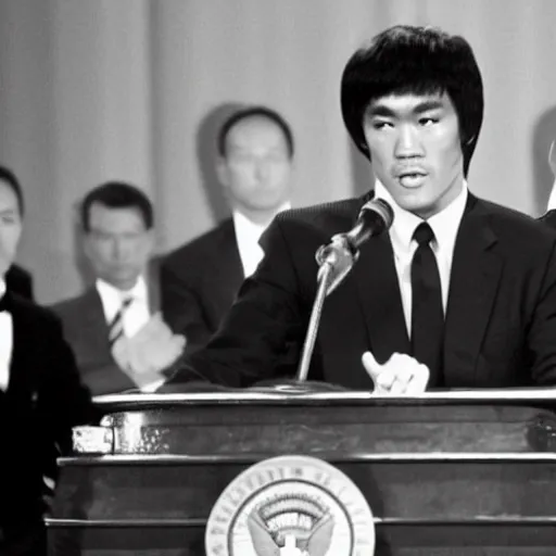 Prompt: bruce lee is president of the united states, wearing a suit, giving a speech, podium, bruce lee, state of the union, congress watching