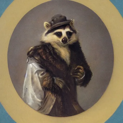 Image similar to a gentleman raccoon wearing a tophap, portrait, painting, detailed, artwork by Anthony van Dyck