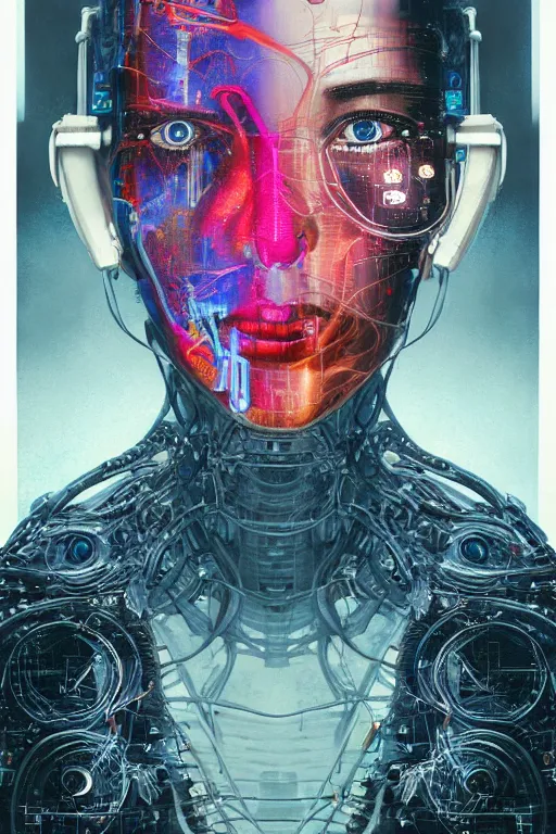 Image similar to portrait of computer & circuits, melting, nasa, 8 k, by tristan eaton, stanley artgermm, tom bagshaw, greg rutkowski, carne griffiths, ayami kojima, beksinski, giger, trending on deviantart, face enhance, hyper detailed, minimalist, cybernetic, android, blade runner, full of colour, super detailed