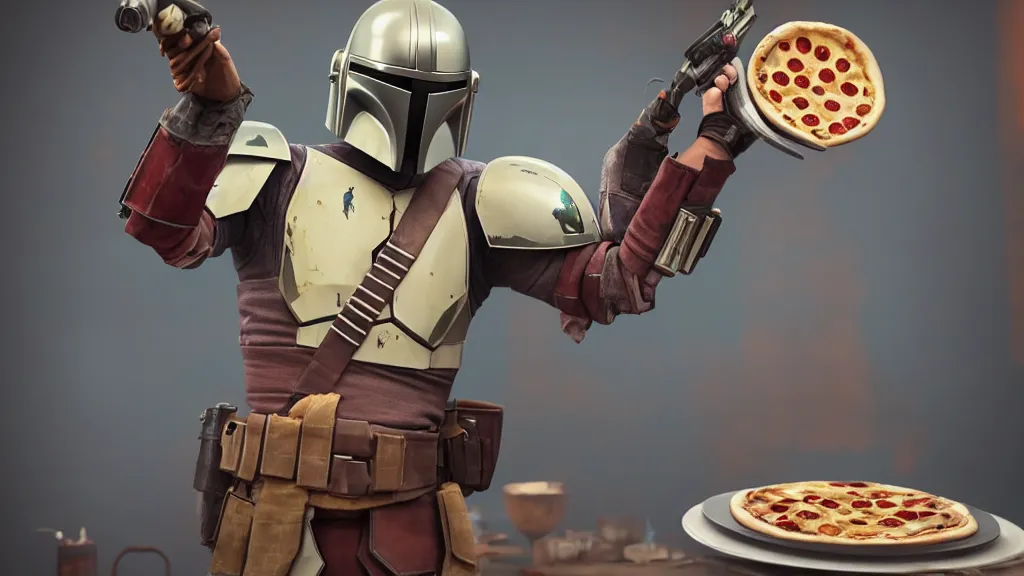 Prompt: Mandalorian selfie holding Pizza tower, hyper realism, high detail, vivid colors, octane render, unreal engine