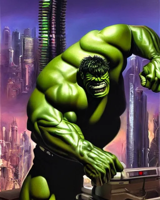 Image similar to hyperrealistic oil painting of cyberpunk mechanical hulk as stan lee, stan lee as a muscular hulk