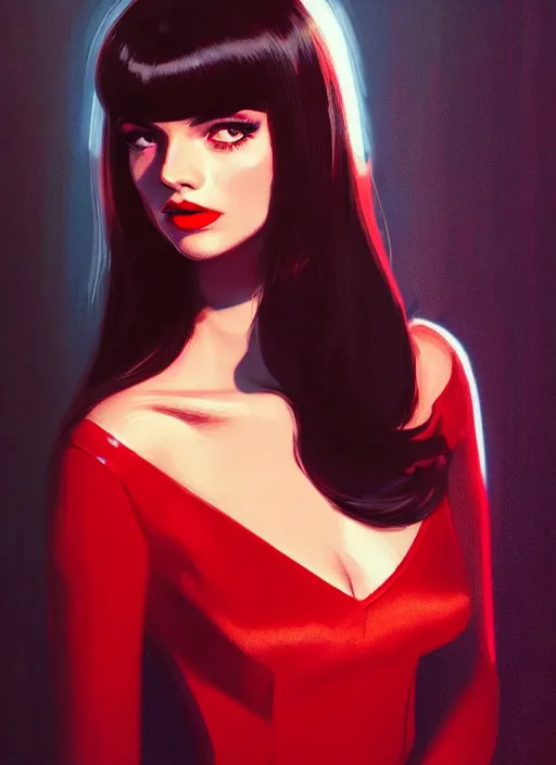 Image similar to portrait of veronica lodge with bangs, 1 9 6 0 s, long hair, red clothes, bangs, intricate, elegant, glowing lights, highly detailed, digital painting, artstation, concept art, smooth, sharp focus, illustration, art by wlop, mars ravelo and greg rutkowski