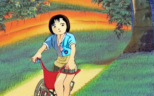 Image similar to a young girl riding a bike with a basket on a dirt path, 1970s philippines, art by hayao miyazaki, studio ghibli film, hi res, 4k