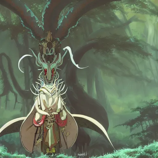 Image similar to concept art painting of an anthropomorphic dragon king with robes, a long dragon neck, and horned skull mask, in a deep forest, anime style, cel shaded, in the style of makoto shinkai and james gurney and studio ghibli and moebius