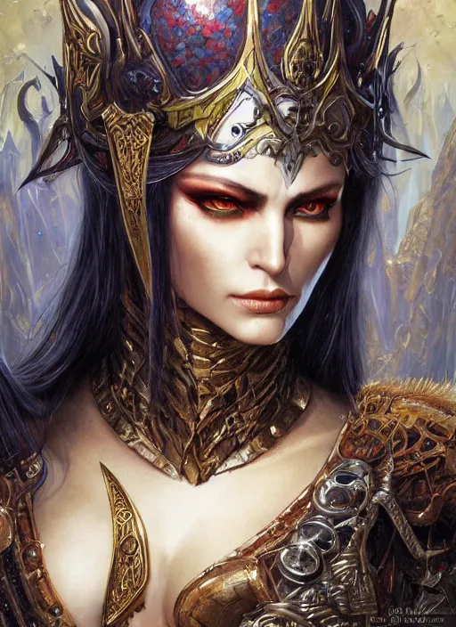 Prompt: a highly detailed painting of a evil female fantasy paladin sorceress with piercing beautiful eyes, art by karol bak and mark brooks and donato giancola and bayard wu, reallusion character creator, depth perception, elegant, intricate
