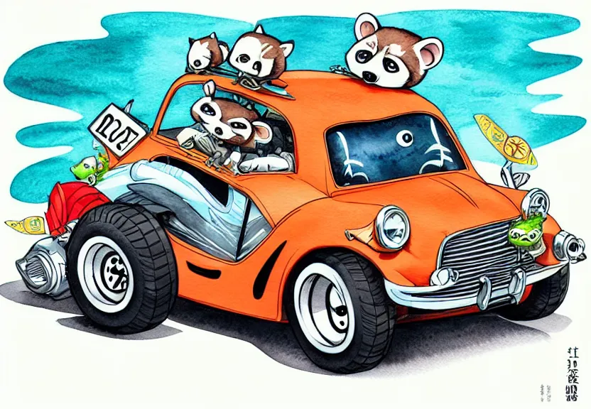 Image similar to cute and funny, racoon riding in a tiny hot rod coupe with oversized engine, ratfink style by ed roth, centered award winning watercolor pen illustration, isometric illustration by chihiro iwasaki, edited by range murata