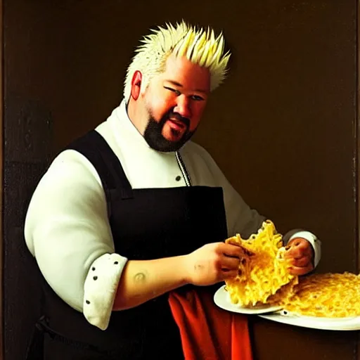 Prompt: a portrait of guy fieri making a greasy macaroni and cheese sandwich, by vermeer, portrait, royal, oil on canvas