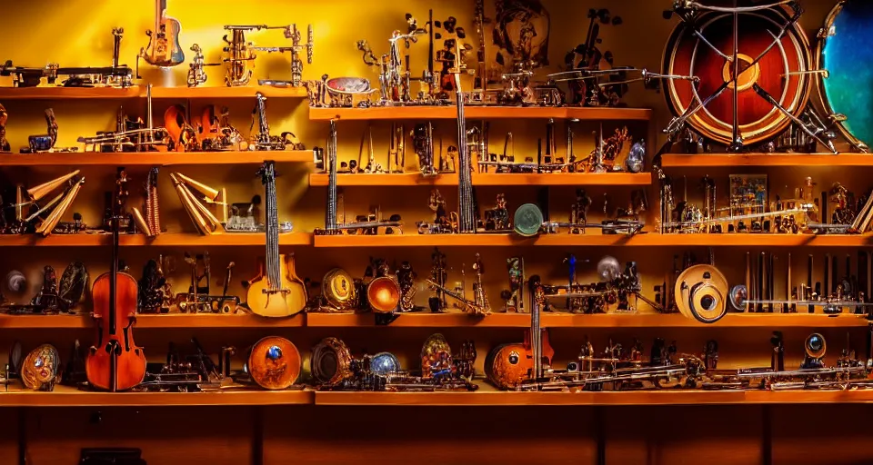 Image similar to a shelf of amazing magical musical instruments, cinematic lighting, detailed, beautiful colors, by greg rutowski and studio ghibli