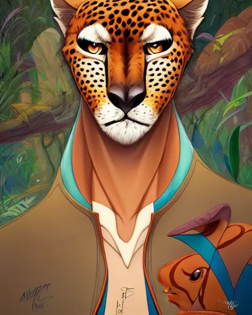 Prompt: don bluth, loish, artgerm, joshua middleton, anthropomorphic cheetah, wearing a track suit, smiling, symmetrical eyes symmetrical face, colorful animation forest background