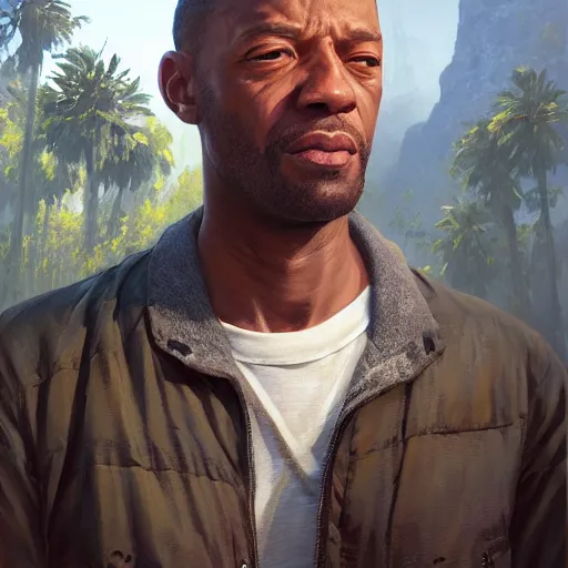 Image similar to highly detailed portrait, carl johnson cj, in gta v, stephen bliss, unreal engine, fantasy art by greg rutkowski, loish, rhads, ferdinand knab, makoto shinkai and lois van baarle, ilya kuvshinov, rossdraws, tom bagshaw, global illumination, radiant light, detailed and intricate environment