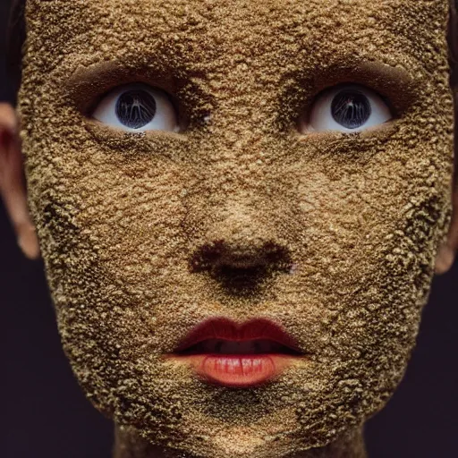 Image similar to millie bobby brown made out of millet, human face made out of millet, professional food photography