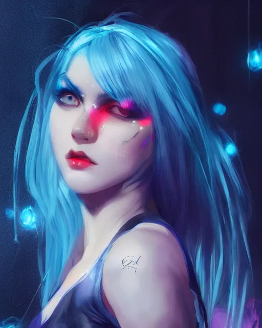 Prompt: pretty girl with blue hair, dj girl, in a club, laser lights background, sharp focus, digital painting, 8 k, concept art, art by wlop, artgerm, greg rutkowski