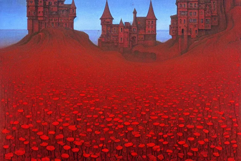 Image similar to only with red, red flowers of different types, a red tiger, a castle in the background, medieval demons dance over the flowers, an ancient path, in the style of beksinski, part by hopper, part by rodcenko, part by hofbauer, intricate composition, red by caravaggio, insanely quality, highly detailed, masterpiece, red light, artstation