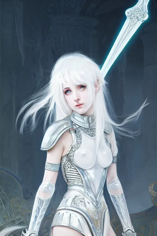 Image similar to portrait white hair knights of zodiac girl, matt white ice color armor, in ruined agora of athens, ssci - fi and fantasy, intricate and very very beautiful and elegant, highly detailed, digital painting, artstation, concept art, smooth and sharp focus, illustration, art by tian zi and wlop and alphonse mucha and ilya kuvshinov