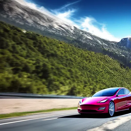 Image similar to 2032 tesla model Q, electric car, centered in frame advertisement, motion blur, commercial, 4k, futuristic, realistic, photography, aesthetic, clean, mountain road, springtime