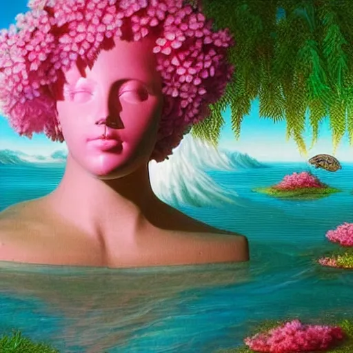 Image similar to award winning masterpiece with incredible details, a surreal vaporwave vaporwave vaporwave vaporwave vaporwave painting by Thomas Cole of an old pink mannequin head with flowers growing out, sinking underwater, highly detailed