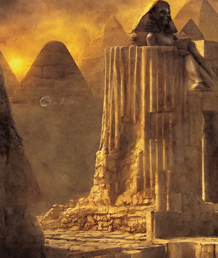 Image similar to a mysterious sphinx guarding a greek temple, fantasy artwork, warm colors, by seb mckinnon