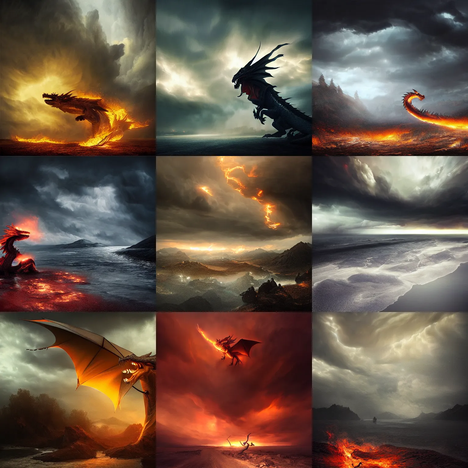 Prompt: painting of a fire breathing dragon, by michal karcz, ominous skies, brilliant lighting, digital art, award winning