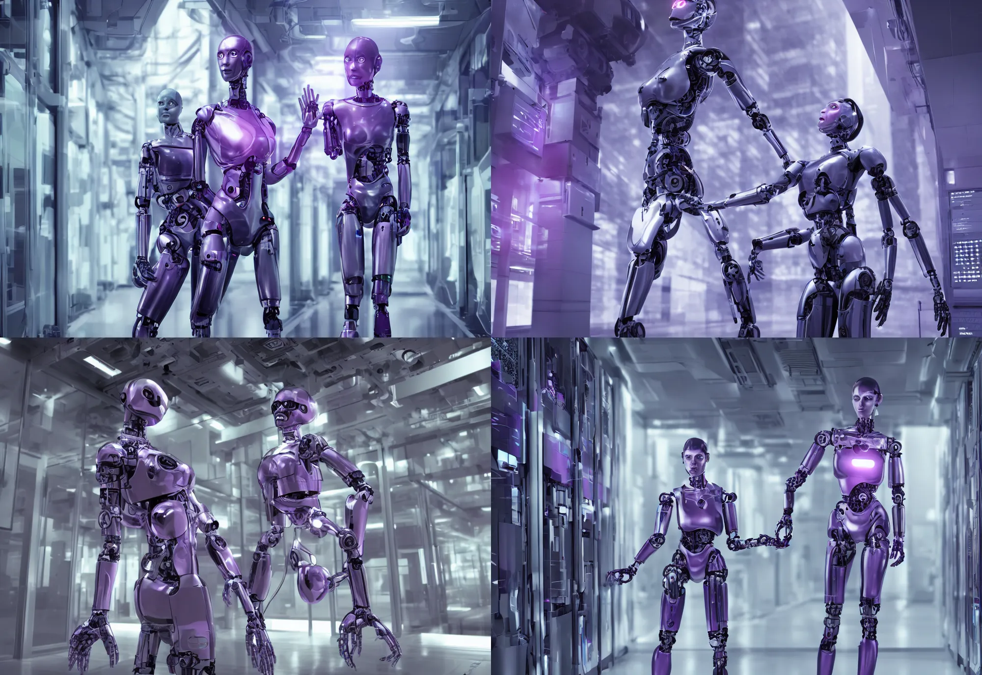 Prompt: female cyborg robot in data center, realistic cinematic, proportional, great composition, proportions human body, whole body, whole figure, character design, violet colors, cyberpunk, octane render 8 k,