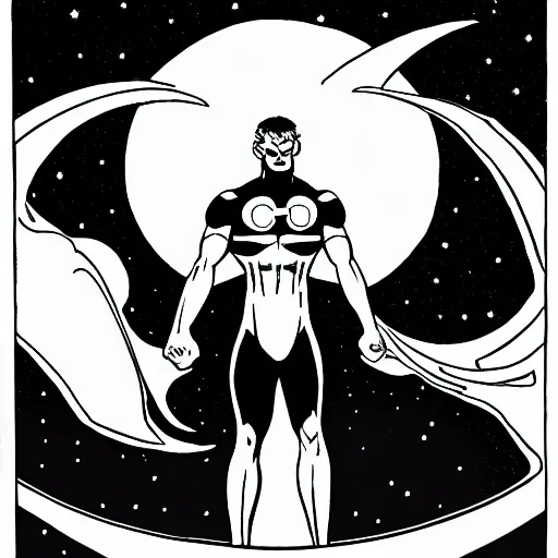 Image similar to comic White Lantern in black and white uniform in space standing infront of the moon,