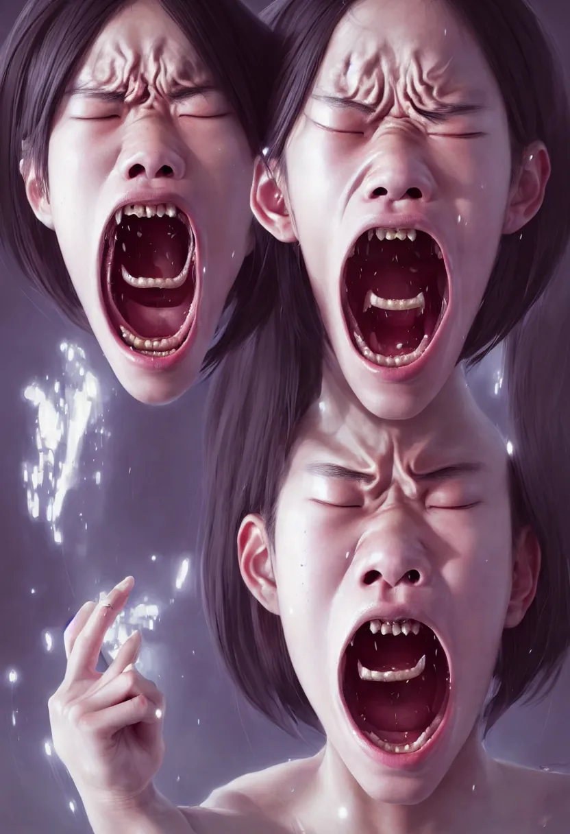 Image similar to beautiful render, waist up portrait of a futuristic cute japanese teenager screaming in anger and frustration, intricate, elegant, highly detailed, digital painting, artstation, concept art, smooth, sharp focus, octane render, dramatic lighting, symmetry, symmetrical face, ONE FACE, headshot, art by greg rutkowski and wlop