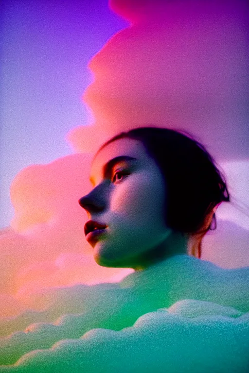 Image similar to high quality pastel coloured film close up wide angle photograph of a model wearing clothing swimming on cloud furniture in a icelandic black rock!! environment in a partially haze filled dreamstate world. three point light, rainbow. photographic production. art directed. pastel colours. volumetric clouds. pastel gradient overlay. waves glitch artefacts. extreme facial clarity. 8 k. filmic.